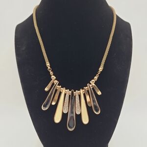 Gold Tone Statement Fringe Necklace Black Enamel Rhinestone Bib Necklace